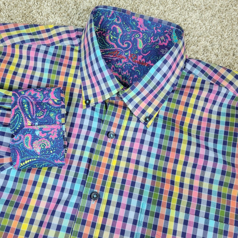 Alan Flusser Mens XL Multicolor Check Button Down Long Sleeve Flip Cuff